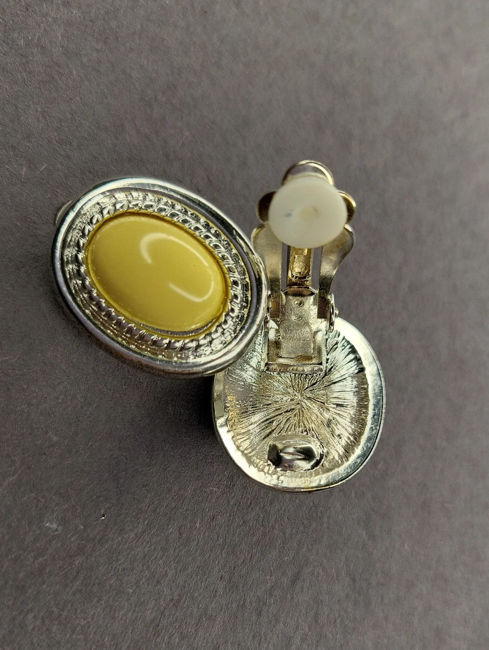 Yellow Oval Stone Silver-Tone Clip-On Earrings